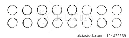 Round frame with hand drawn lines and doodle shapes. Scribbles created with pencil and pen. icon and handdrawn outline. Flat vector illustration isolated on white background. Round frame with hand drawn lines and doodle shapes. Scribbles created with pencil and pen. icon and handdrawn outline. Flat vector illustration isolated on white background. 114876289