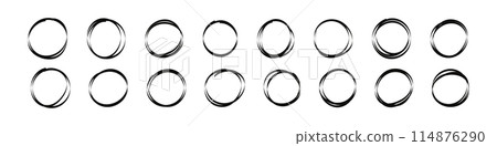 Hand drawn round frame with doodle shapes and scribbles. Sketchy lines with pencil and pen. Abstract art pattern and border. Flat vector illustration isolated on white background. Hand drawn round frame with doodle shapes and scribbles. Sketchy lines with pencil and pen. Abstract art pattern and border. Flat vector illustration isolated on white background. 114876290