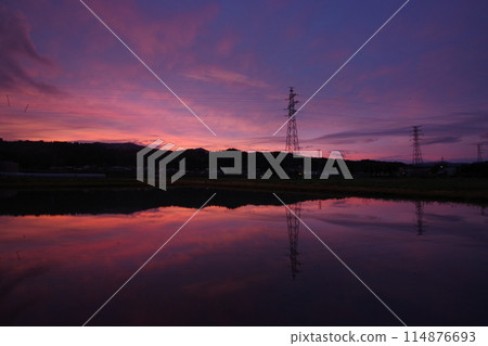南魚沼市稻田倒映的夕陽 南魚沼市稻田倒映的夕陽 114876693