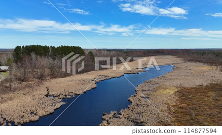 Famous Park near Ottawa called Mer Bleue Bog with swamps and muddy areas beautiful nature of Canada 114877594