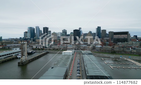 Flight along the skyline of Montreal Canada aerial view - drone photography 114877682