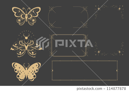 Magic sacred decoration cover, esoteric thin line frames, tattoo gold line border celelstial mystery esoteric decoration with moth or butterfly, sun, stars and moon on dark background. Magic sacred decoration cover, esoteric thin line frames, tattoo gold line border celelstial mystery esoteric decoration with moth or butterfly, sun, stars and moon on dark background. 114877878