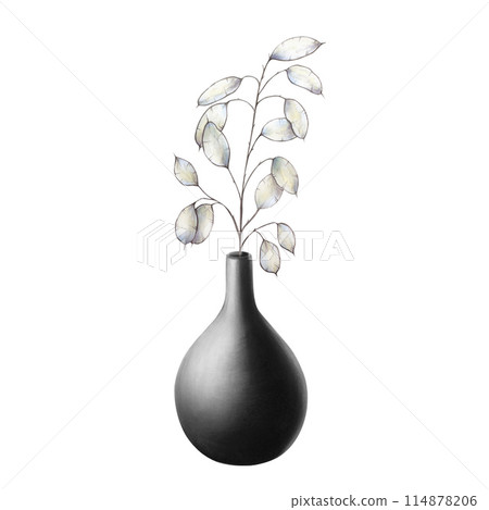 Black antique ceramic vase with lunaria branches. Watercolor hand drawn clay pot isolated on background. Minimalistic illustration, for interior, designers, invitations, decoration, postcards 114878206
