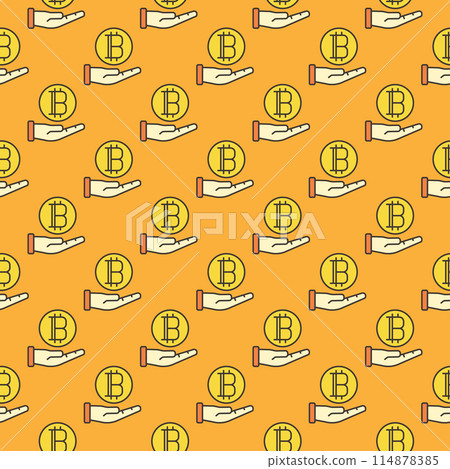 Bitcoin on Human Hand vector Cryptocurrency colored seamless pattern 114878385
