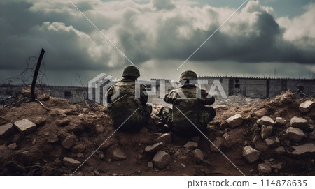 Two soldiers sitting on the ruins of a military base. 114878635