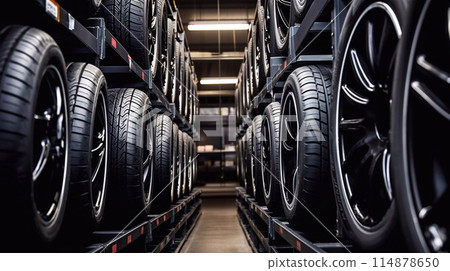 Rows of new car tires in auto repair shop. Auto service 114878650