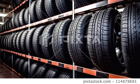 New car tires on a shelf in a car workshop, close-up view New car tires on a shelf in a car workshop, close-up view 114878691