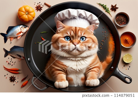 professional cat chef cooking fish, top view 114879051