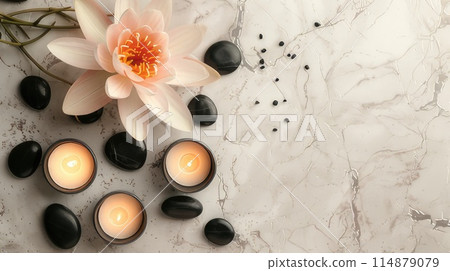 Lotus flower, stones and candles on a light textured background with copy space. View from above. AI-generated content 114879079