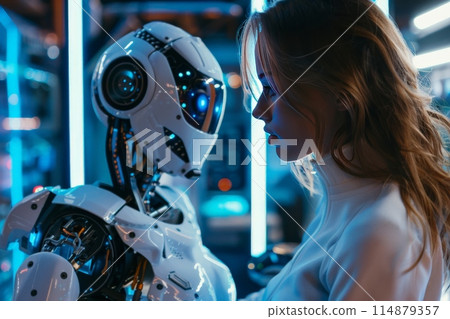 A woman stands by a robot on a street in the city 114879357