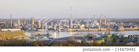 Amazing aerial view of the industrial and port area of Ravenna at sunrise Amazing aerial view of the industrial and port area of Ravenna at sunrise 114879491