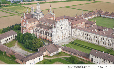 Wonderful drone shot over Certosa di Pavia monastery close up 114879502