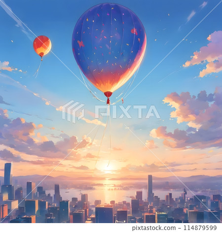 Illustration of a balloon-like balloon floating above a cityscape Illustration of a balloon-like balloon floating above a cityscape 114879599