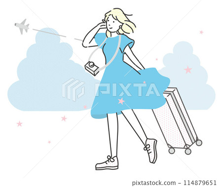 Summer travel - woman alone - background with airplane and clouds - vector illustration Summer travel - woman alone - background with airplane and clouds - vector illustration 114879651