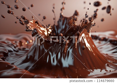 Splashes of chocolate. Chocolate bar is poured into melted chocolate pile 114879660