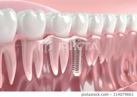 The concept of dental implants. A 3D rendering showing a dental implant placed between teeth 114879661