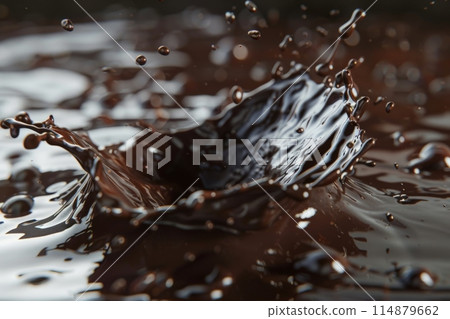 Splashes of chocolate. Chocolate bar is poured into melted chocolate pile 114879662