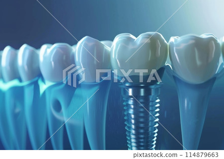 The concept of dental implants. A 3D rendering showing a dental implant placed between teeth 114879663