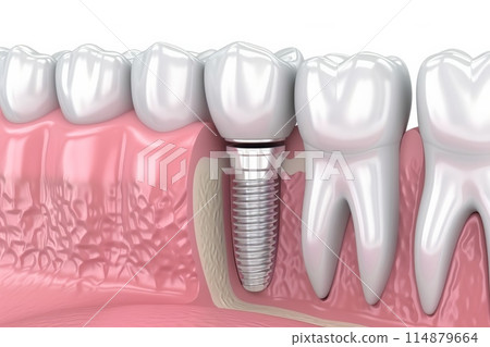 The concept of dental implants. A 3D rendering showing a dental implant placed between teeth 114879664