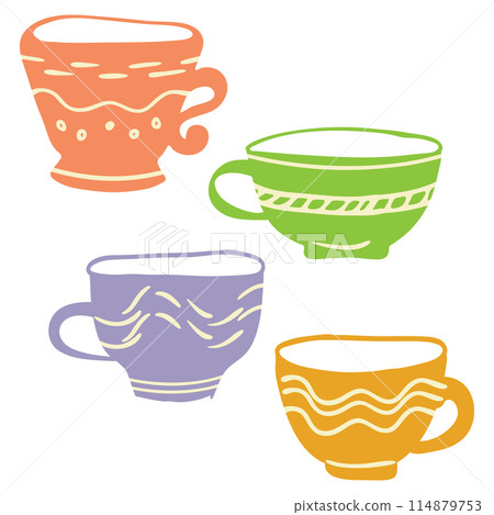 Cup symbol Clip art Set. Doodle icon, hand drawn decorative stroke line, colourful silhouette, retro pastel colour cartoon flat design. Isolated elements. Vector illustration 114879753