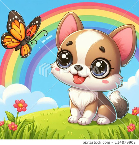 Cute puppies playing in the flowers 114879902