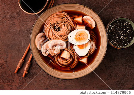 Asian soba soup, with mushrooms and egg, cheese, sesame seeds, homemade, no people, 114879966