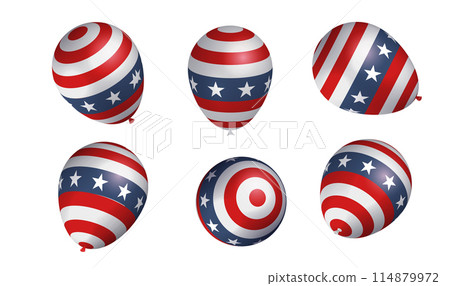 Set of 3d render balloon with pattern of the US flag elements. Helium balloons, view from different sides for July 4th Independence Day Holiday decoration. Vector 114879972