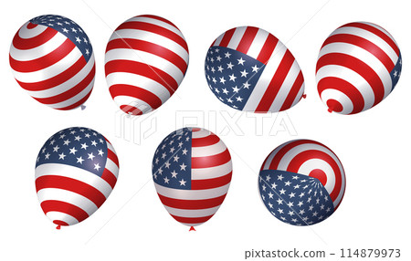 3d render United States of America country flag balloons set on transparent background. Helium balloons, view from different sides for Independence Day celebrations. Vector eps10 114879973