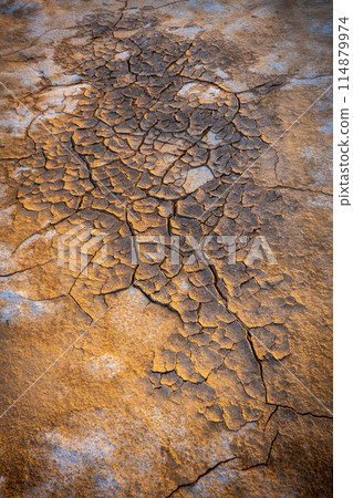 Close-up of cracked earth in warm golden light Close-up of cracked earth in warm golden light 114879974