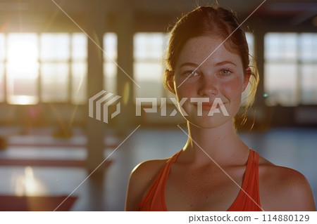 Young woman smiling during sunset in a spacious room 114880129