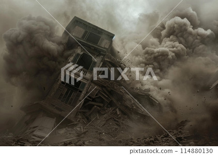 Apocalyptic scene of a building collapsing among clouds of dust 114880130