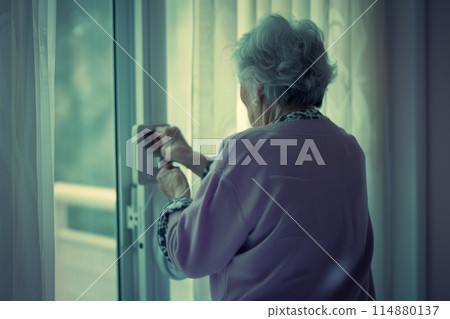 Elderly woman adjusting thermostat by window at home 114880137