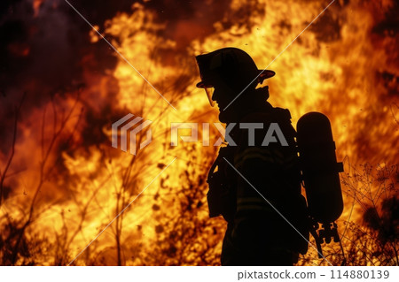 Silhouetted firefighter battling a large wildfire blaze Silhouetted firefighter battling a large wildfire blaze 114880139