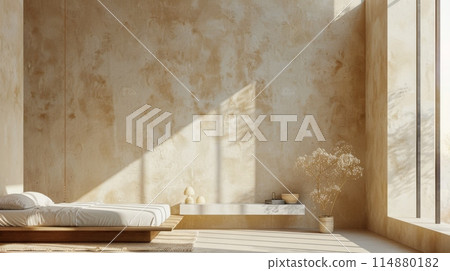 The bedroom has a spacious bed and a big window for natural light 114880182