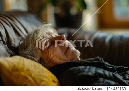 Elderly woman peacefully napping in sunlit living room 114880183