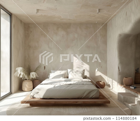 The bedroom has a spacious bed and a big window for natural light 114880184