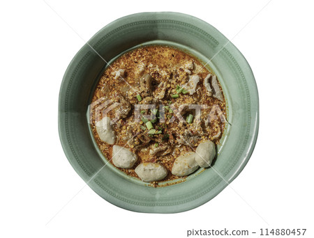 Spicy tom yum rice stick noodles (Thai spicy soup) with braised pork (stewed pork), fresh pork and pork balls isolated on white background with clipping path. 114880457