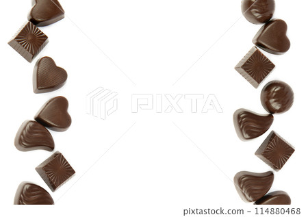 Chocolate candies isolated on white. There is free space for text. Collage. 114880468
