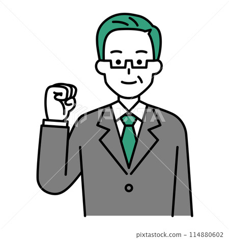 A middle-aged man in a suit doing a fist pump 114880602