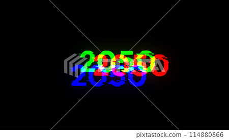 3D rendering 2050 text with screen effects of technological glitches 114880866