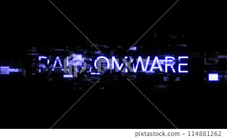 3D rendering ransomware text with screen effects of technological glitches 114881262