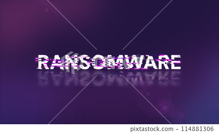 3D rendering ransomware text with screen effects of technological glitches 114881306