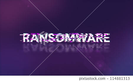 3D rendering ransomware text with screen effects of technological glitches 114881313