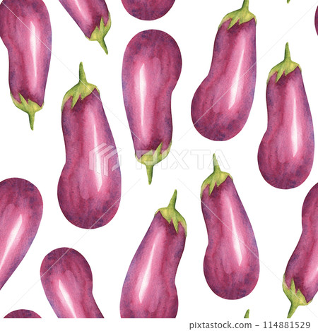 Eggplants watercolor seamless pattern on a white background. Can be used for kitchen textile prints, product packaging design. 114881529