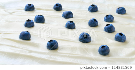 macro photo of organic yogurt with fresh blueberries, food background. Tasty probiotic yogurt with blueberries, close up. 114881569
