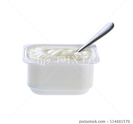 probiotic yogurt in a white plastic cup with a spoon isolated on a white background. 114881570