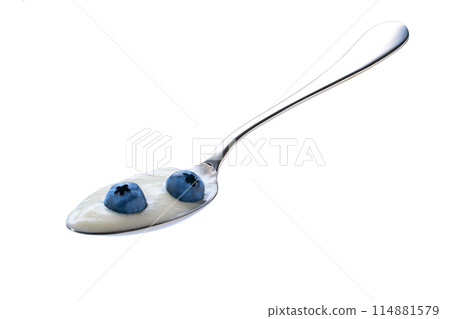 metal spoon with yogurt and blueberry isolated on a white background. metal spoon with yogurt and blueberry isolated on a white background. 114881579