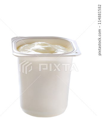 Open packing with yoghurt or tasty dessert isolated on a white background. Open packing with yoghurt or tasty dessert isolated on a white background. 114881582