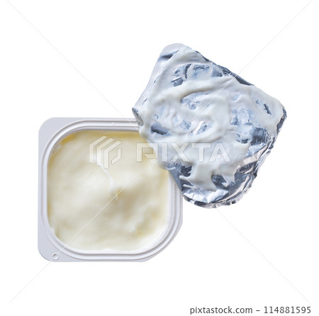 Open packing with yoghurt or tasty dessert isolated on a white background. Top view. 114881595