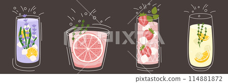 Collection with different taste lemonade and various of glasses shapes. Lemon and thyme, lavender, grapefruit and strawberry. Vector illustration in outline and flat color style on dark background 114881872